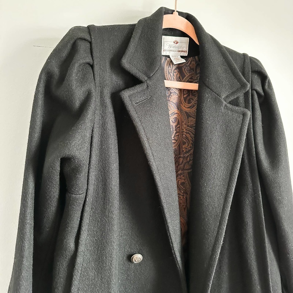 Vintage Black Double Breasted Long Wool Coat Pleated Puff Shoulder sz 8 Petite - Picture 10 of 15